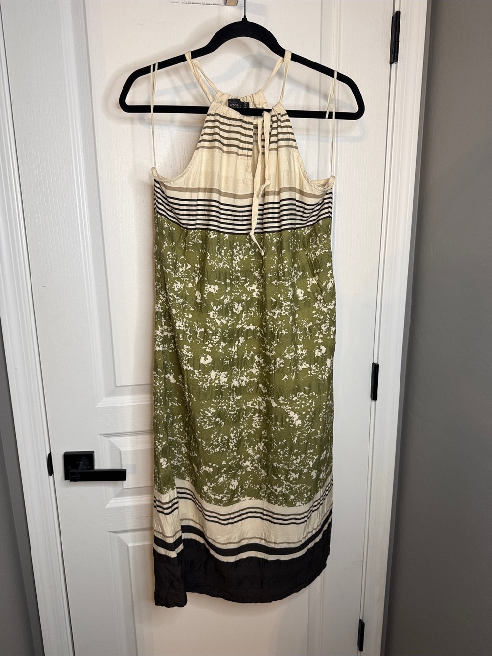 Prana Olive Floral Halter Midi Dress with Cream and Black Accents